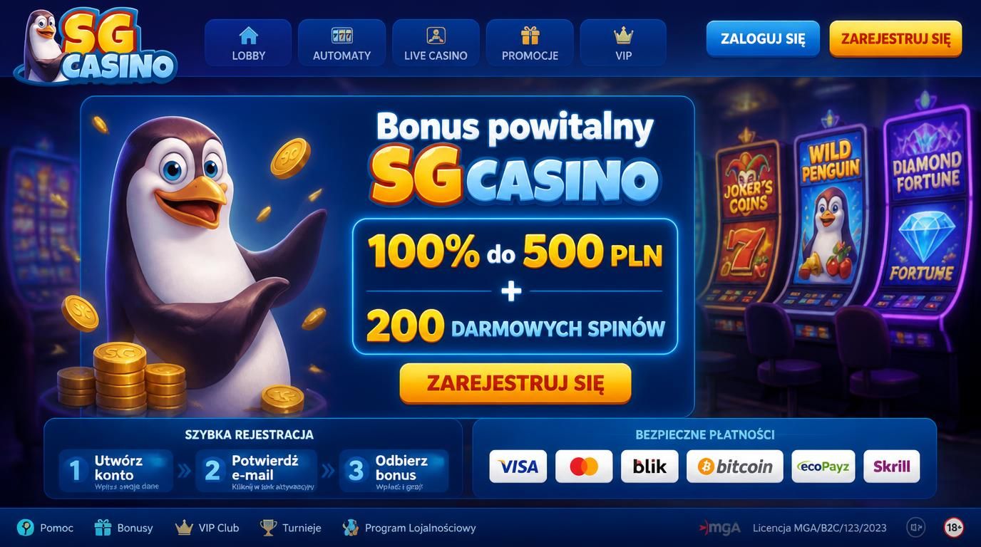 Bonus SG Casino z ofertą 100% do 500 PLN i 200 darmowych spinów jako bonus powitalny