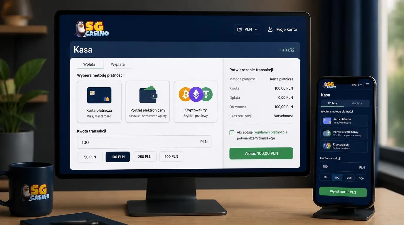 Panel kasy z kartą płatniczą, portfelem elektronicznym i kryptowalutami oraz wyborem waluty PLN