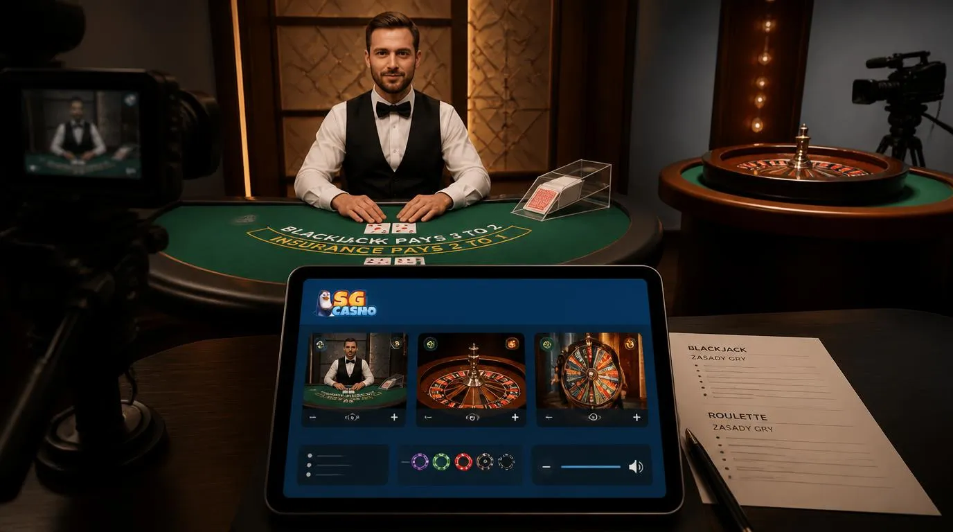 Krupier przy stole do blackjacka i ekran lobby kasyna live z ruletką oraz grami teleturniejowymi