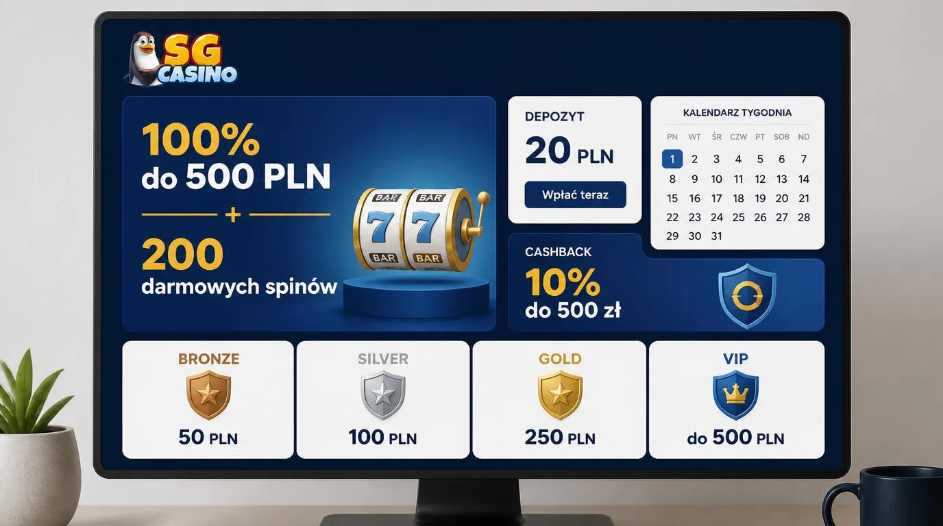 Panel oferty powitalnej z bonusem 100% do 500 PLN, 200 darmowymi spinami i minimalnym depozytem 20 PLN